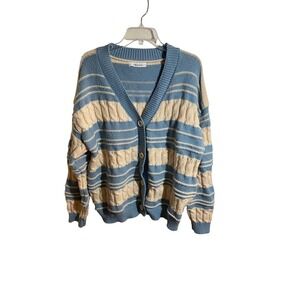 Alicedudu Womens Oversized Cable Knit Striped Cardigan Sweater Blue Cream XL‎